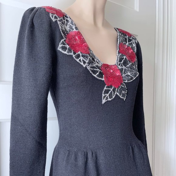 Vintage Don Sayres Black Wool Knit Dress with Sequins Neckline - Holiday Dress - Picture 8 of 9